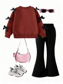 2件套年轻女孩简约时尚粉色蝴蝶结黑色上衣和粉色裤子运动服套装 - 彩色 - 查看 7