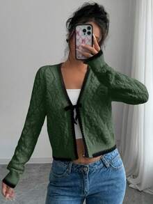 Selianne Cardigan Pullover Lengan Panjang Bertekstur Berlian Serbaguna Kasual Wanita - Hijau Tentara - View 6