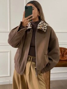 DAZY Chaqueta bomber de manga larga con estampado suelto de leopardo bordado, estilo casual de calle para mujer, otoño/invierno - Marrón - Ver 3