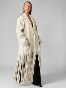 MISSGUIDED Áo khoác mùa đông dáng rộng cho nữ, dài ngang gối, có chi tiết tua rua, kiểu dáng maxi, thanh lịch, nổi bật cho buổi tối, sang trọng, thời thượng, thuộc bộ sưu tập Thu Đông. - Màu be - Xem 4