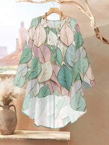 Rusticease 2 件女式树叶大理石印花宽松圆领长袖上衣和裤子套装，秋冬装 - 彩色 - 查看 2