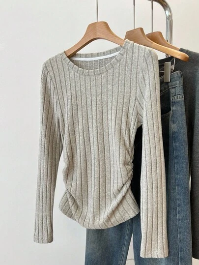 INAWLY 女式纯色罗纹圆领休闲长袖上衣