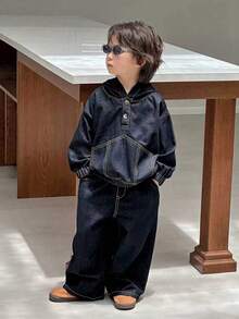 Dazy Kids طقم بنطلون جينز وجاكيت جينز فضفاض عادي لصبي صغير، موسم الخريف، 2 قطعة