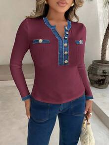 Xyvia Ladies' Autumn And Winter Elegant And Dignified Old Money Style T-Shirt - Burgundy - View 4