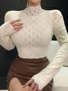 DAZY 女士修身优雅羊毛T恤，秋冬新款长袖上衣 - 米色 - 查看 2