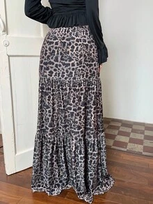 Sunnyshic Velvet Leopard Print Layered Ruffle Patchwork Skirt, Bohemian Elegant Cute Fashion Versatile For Work, Casual, Date, Autumn/Winter - Multicolor - View 2