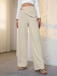 SHEIN Tall 女款純色百褶金屬裝飾優雅長褲，適合高個女性 - 米色 - 查看 10