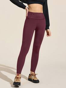 Easithlete Quần legging nữ trơn màu có túi khóa kéo ngoài trời, thường ngày và thể thao - Màu tím - Xem 2