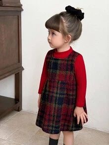 SHEIN 0-3岁秋冬红色格子套头衫+红色针织打底衫套装优雅淑女公主裙时尚装