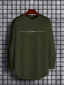 Manfinity Homme Modern Casual Men Dark Green Long Sleeve Tee With Letter Graphic, Round Neck Regular Length High-Low Design Casual Tee For Men, Olive Long Sleeve T-Shirt , Fall - Dark Green - View 6