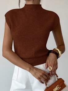 Melissa Matos Elegant High Neck Loose Casual Versatile Sleeveless Knit Sweater Vest,Brown Sweater,Brown Top - Brown - View 11