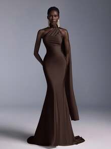 Elitara 极简主义黄色露背修身美人鱼长裙，适合参加派对、聚会和正式晚礼服 - 巧克力棕 - 查看 2