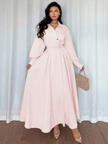 Rafferiza Women's Turndown Collar Drop Shoulder Long Sleeve Waist Gathered A-Line Dress, Suitable For Outings, Vacations, Holidays, And Travels Long Sleeve Elegant Dress Dress Modest - Pink - View 3