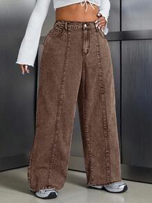 SHEIN Tall CURVE 大码休闲水洗复古阔腿牛仔裤 - 咖啡棕 - 查看 4