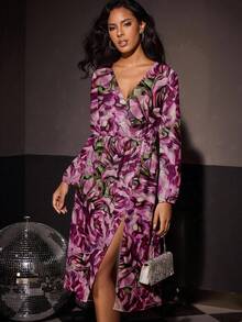 Glamance Shutterstock Women's Floral Print V-Neck Split Long Sleeve Casual Solid Color Dress, Suitable For Outdoor, Office, Business, Commute, Travel, Airport, Street, Work, Date, Vacation Chic Stylish Clothing Collection - Multicolor - View 5