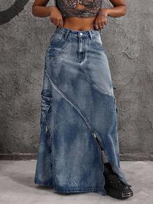 SHEIN EZwear 大码复古水洗牛仔裙 - 藍色 - 查看 4