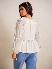 Elaquor 大码女式花卉亮片灯笼袖宽松时尚衬衫 - 杏色 - 查看 2