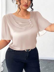 Elenzga Plus Size Asymmetrical Ruffle Collar Button Decor Short Sleeve Elegant Blouse - Apricot - View 3
