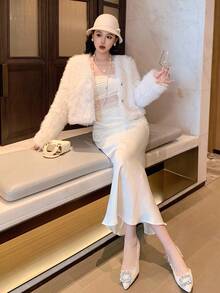 DAZY Women's Elegant Front Button Fuzzy Jacket, Autumn/Winter - White - View 3