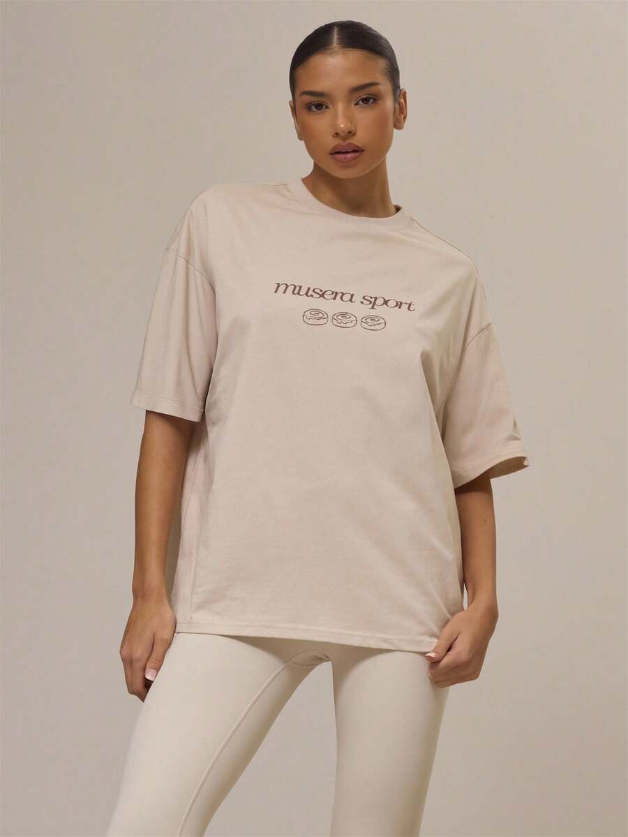 Musera Sport Oversized Graphic Print Short Sleeve T-Shirt Active Sports Workout Cute Cinnamon Swirl Graphic Tee - Cream - View 1