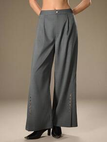 Modelyn 女士时尚宽松高腰裤，金色纽扣装饰，开衩下摆，优雅通勤 - 深灰色 - 查看 1