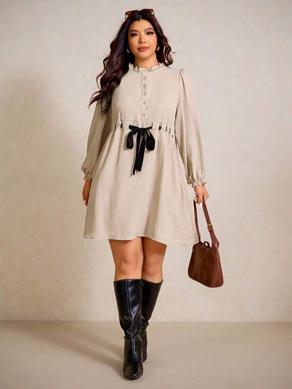 Elaquor 大码女式纽扣半襟泡泡袖抽绳腰休闲连衣裙