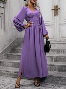 EMERY ROSE 灯笼袖褶饰开衩长裙女装 - 紫色 - 查看 6