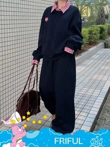 SHEIN X Care Bears FRIFUL 2件套女士格子拼接宽松加厚二合一卫衣和阔腿裤套装