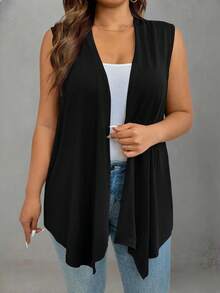 EMERY ROSE Plus Size Solid Color Minimalist Sleeveless Jacket, Street Style Winter Fall Autumn - Black - View 3