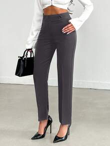 SHEIN Tall Size Women's Solid Color Press Crease Pocket High Waist Elegant Pants - Dark Grey - View 6