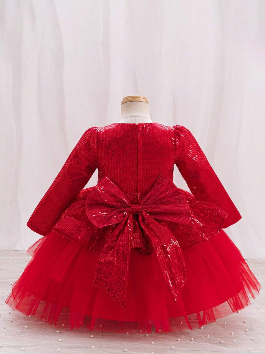 Glamorique Kids Quần áo Giáng sinh cho bé gái Váy dự tiệc ngày lễ cho bé gái, Đầm công chúa lưới voan dài tay đính sequin thắt eo 3D nơ lớn - Đỏ - Xem 1