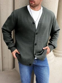 Manfinity Homme Plus Size Men's Solid Color V-Neck Button-Front Long Sleeve Cardigan, Fall Winter