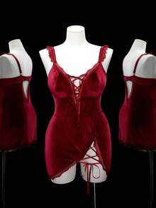 SHEIN Plus Size Wireless Lingerie Dress 2-Piece Set - Burgundy - View 6