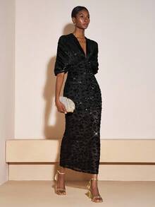 Zivah Váy mới thu 2025, Thích hợp cho tiệc sinh nhật, tiệc tùng, tiệc chiêu đãi, mùa tựu trường, phong cách đại học, trang phục sinh viên, đi chơi hàng ngày, cơ bản đa năng, thường ngày, du lịch du thuyền, thời trang, trang phục đường phố, thanh lịch, đi làm, thường ngày công sở, cổ chữ V sâu, tay áo 3/4, vải lấp lánh, đáy nhún có chắp vá sequin, lót, vải lấp lánh màu đen, váy dài mùa thu, váy nữ, váy dự tiệc cưới nữ - màu đen - Xem 7