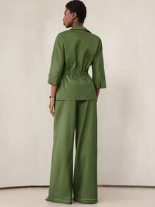 Aveloria Modichic Summer New Women's Cinched Waist Design Lapel 3/4 Sleeve Loose Casual Jumpsuit, Tie-Waist Commuter Style Two Pieces Set