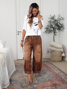 EMERY ROSE Plus Size Women Casual Loose Elastic Waist Wide Leg Jeans - Coffee Brown - View 3