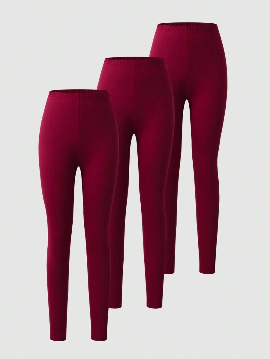 3pcs Teen Girls Black Leggings Set (Spring/Autumn), Versatile Snug Fit Bottoms For Layering Or Pairing With Skirts Fall Winter - Burgundy - View 1