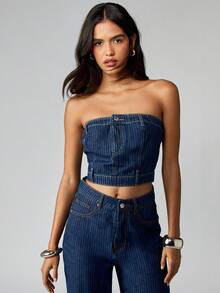 MISSGUIDED Cotton Pinstripe Denim Bandeau Crop Top Strapless Festival Summer Concert Tube Top - Blue - View 1