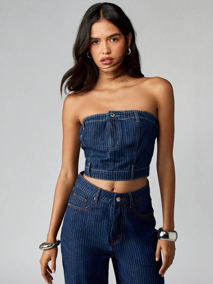 MISSGUIDED Top Bandeau Cropped de Algodão com Listras Finas em Denim, Sem Alças, para Festivais e Verão