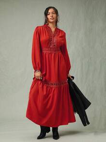 SHEIN VCAY Plus Size Red Autumn Boho Satin Party Dress For Women Elegant Lace Christmas Wedding Guest Winter Chic Business Casual Curve Fairycore Old Money - Rust Brown - View 4