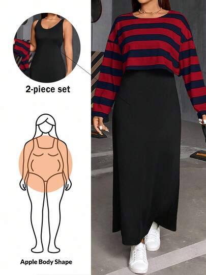 SHEIN Essnce Plus Size Women's Autumn And Winter Fashion Casual Daily Comfortable Black And White Striped Long-Sleeved Loose T-Shirt And Black Vest Long Dress Two Pieces Set,Curve Set,Dress Set,Streetwear For Women,Spring Clothes,Airport Outfit For Women,College Students Outfit