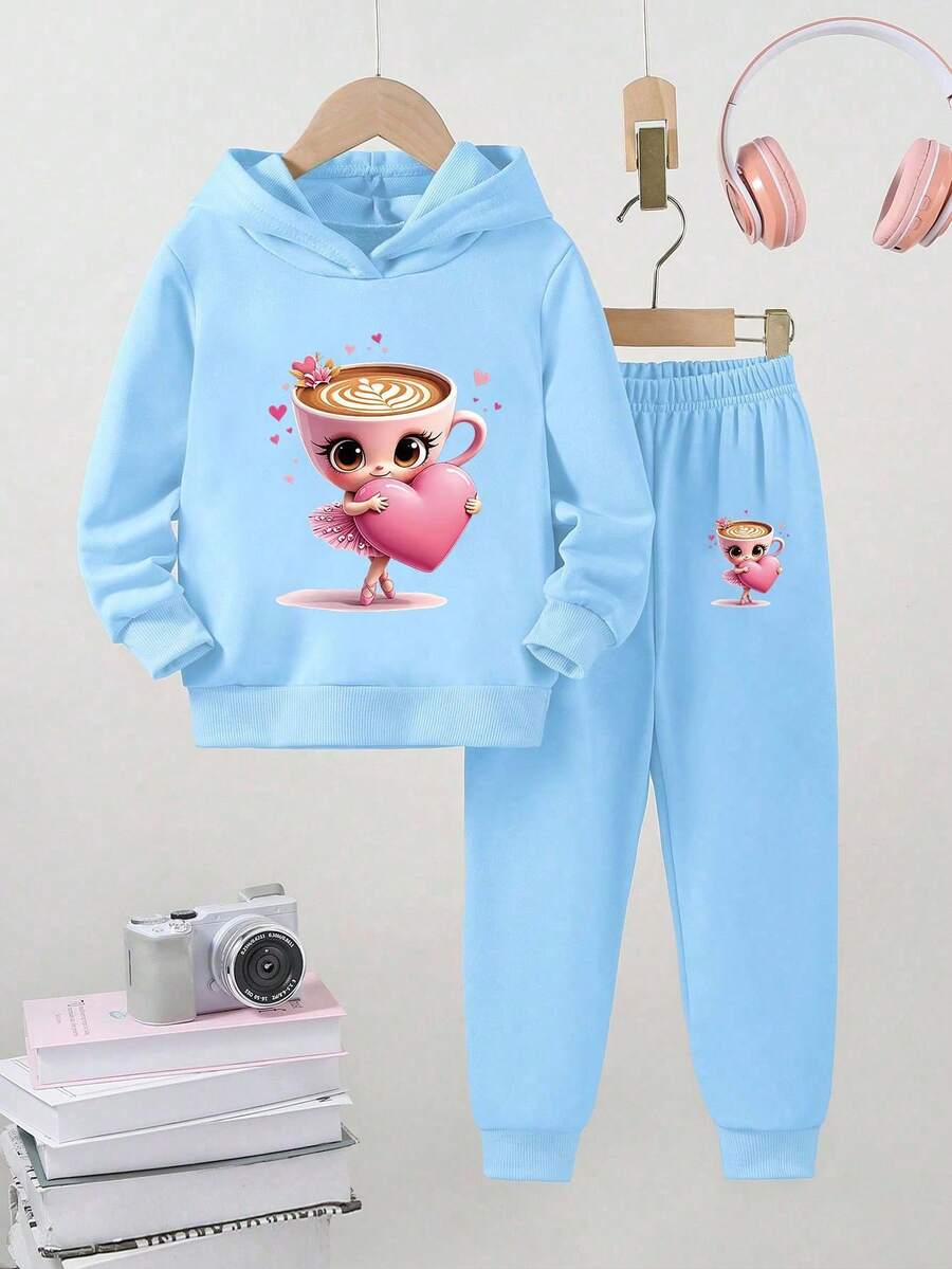 SHEIN 年轻女孩休闲时尚可爱趣味卡布奇诺芭蕾舞者图案印花连帽衫 + 裤子两件套运动服套装,适合日常、户外、运动和学校,秋冬季 - 藍色 - 查看 1