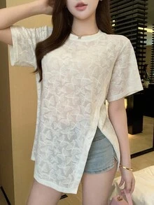 DAZY Áo thun nữ dáng rộng thoải mái với thiết kế vải độc đáo - Màu be - Xem 2