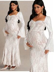 MaterniChic Autumn And Winter  Maternity Floral Lace Sweetheart Neck Flare Sleeve Fitted Mermaid Hem Elegant Dress - Dusty Pink - View 5