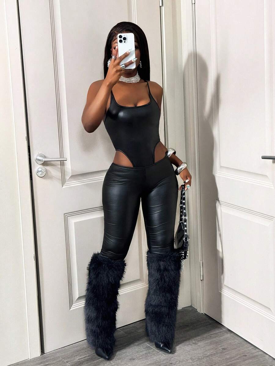 BamGleam Nuevo body de otoño de piel sintética retro punk sexy con tirantes finos de color negro para mujeres, ajuste ceñido y espalda descubierta - Negro - Ver 1