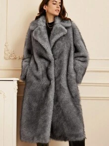 GENKIRA Chic Faux Fur Collar Long Jacket, Sophisticated Design, Minimalist & Elegant, Oversized, Women Outerwear - Dark Grey - View 6