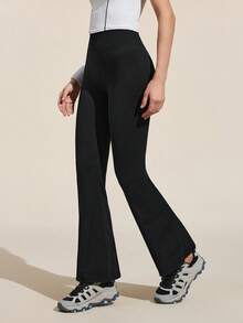 Easithlete Women's Solid Color High Waist Fashionable Casual Versatile Slightly Flared Outdoor Leggings Women Flare Leggings Flare Workout Pants Fold Over Flared Leggings Yoga Dress Pants Wide Leg Legging - Black - View 1