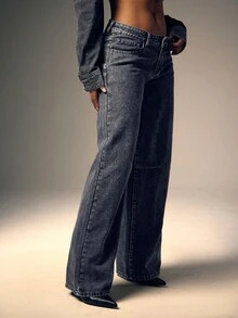 Denimoi Jeans de tiro bajo y pierna ancha lavados con pinzas - Gris - Ver 4