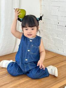 SHEIN 女童简约日常装蓝色牛仔无袖圆领衫 - 中等水洗藍 - 查看 2