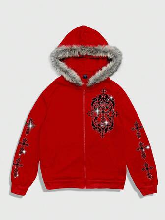 Goth Sweat-shirt à capuche pour hommes avec col en fourrure, graphique vintage, décontracté et polyvalent